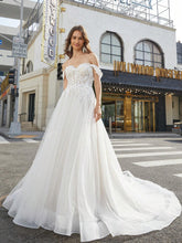 Ivory Off Shoulder Tulle Wedding Dresses With Floral Lace Applique Long A Line Romantic Style Wedding Gown For Bride